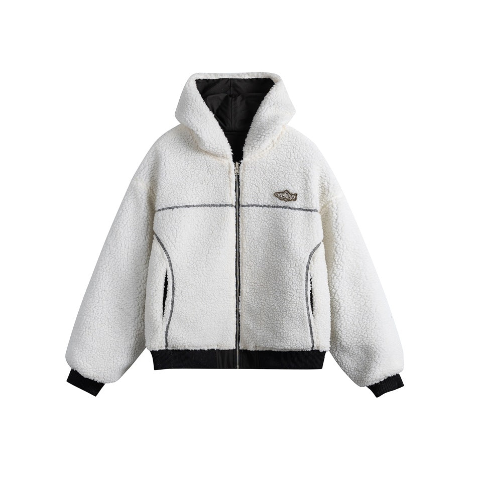 Front view of a white fleece hooded zip jacket with black trim, curved pockets, and a small chest patch.