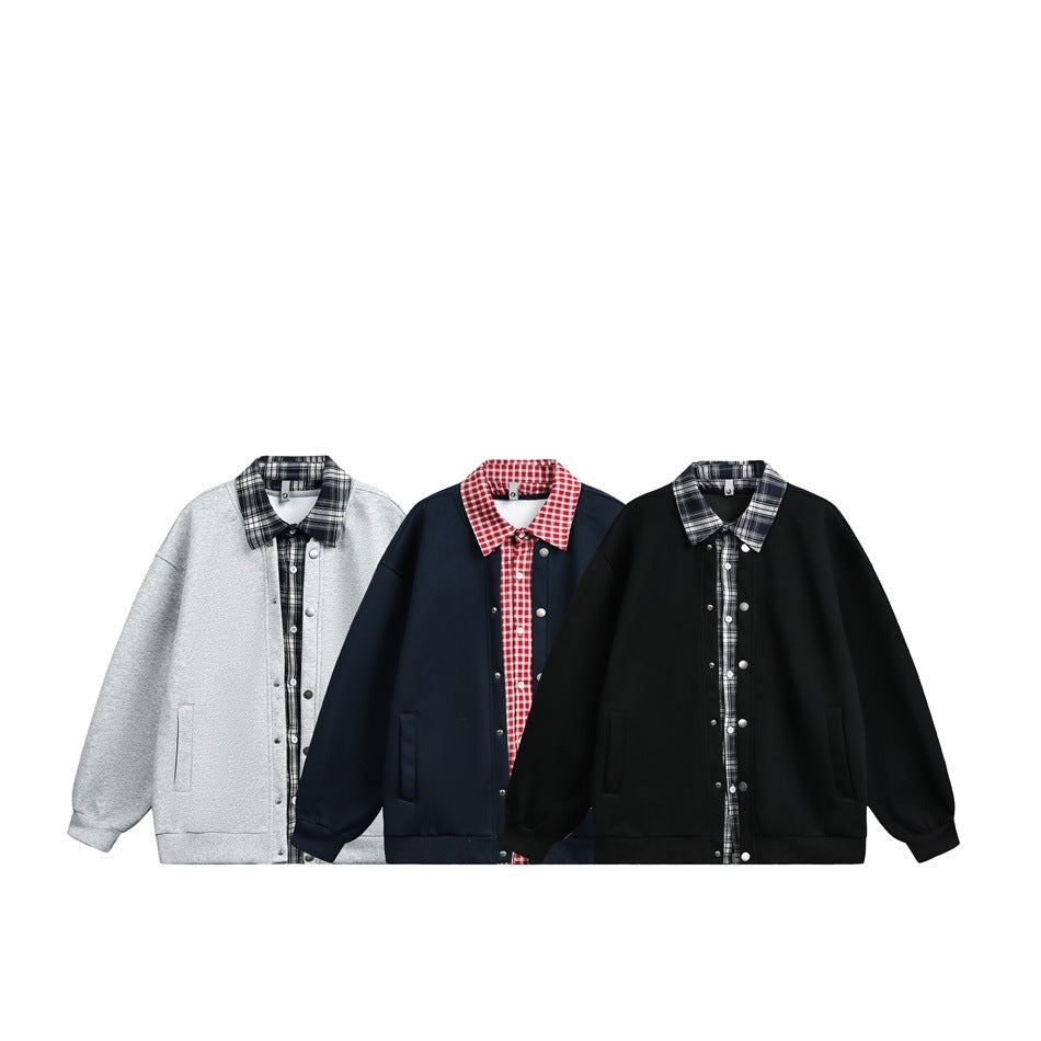 Three snap-front jackets shown together in light gray, navy, and black, each with a checked collar and placket.