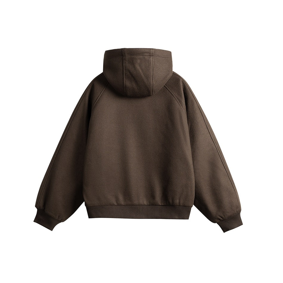 Coffee brown hooded jacket seen from the back with raglan sleeves and ribbed hem and cuffs, flat view