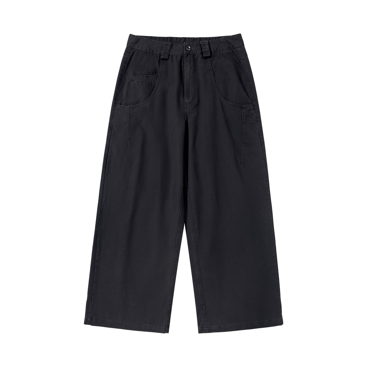 Black wide-leg pants flat lay with button fly, curved front pockets and side seam detail