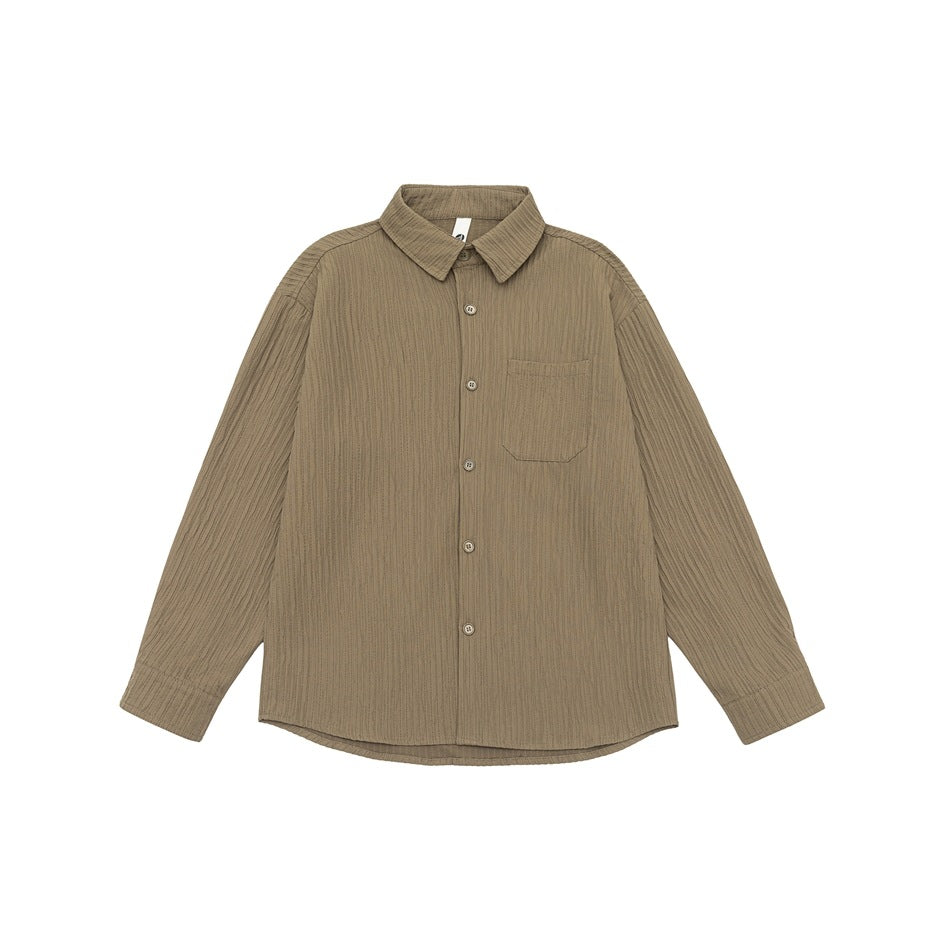 Khaki long-sleeve button-up shirt with textured vertical stripes, chest pocket and pointed collar, flat lay