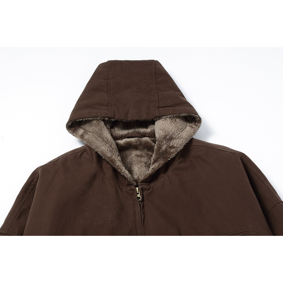 Close-up of a dark brown jacket hood with plush taupe lining and a partially visible front zipper.