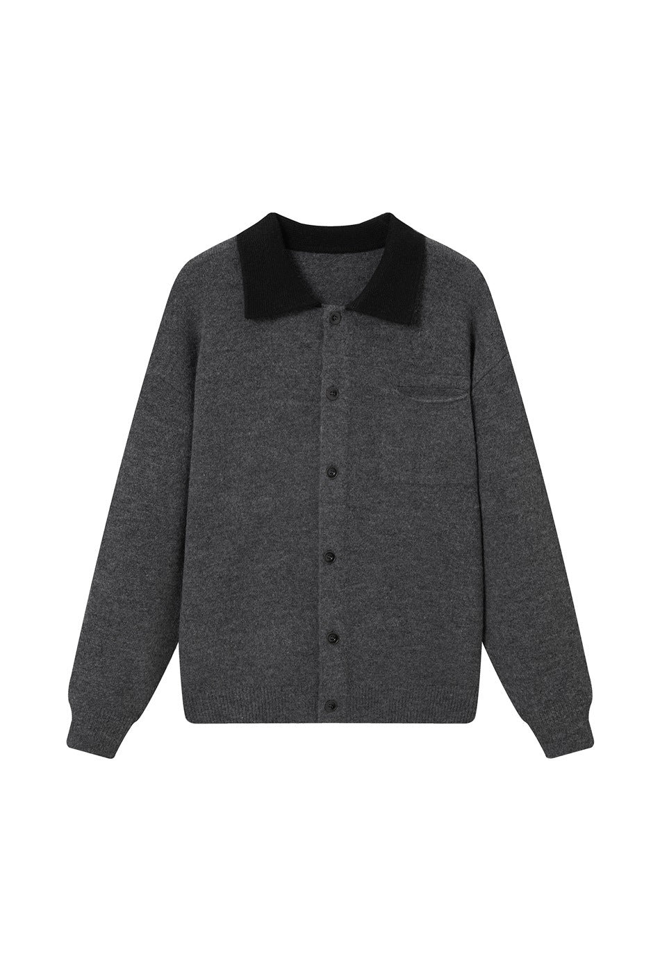 Charcoal gray knit button-front cardigan with black contrast collar and chest pocket, flat front view