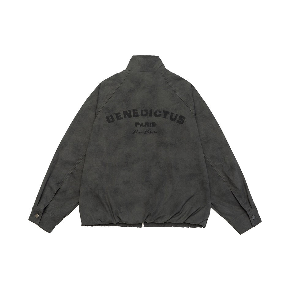 Back view of a charcoal jacket with black BENEDICTUS PARIS lettering and raglan sleeves.