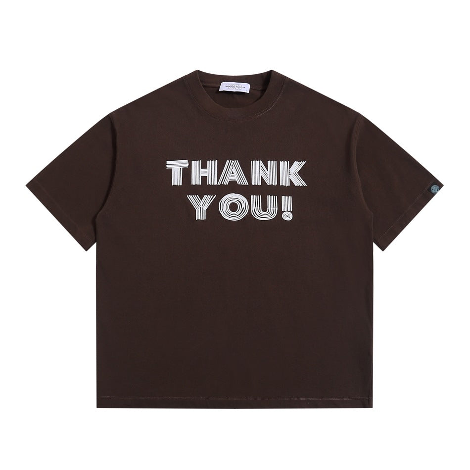 Coffee brown short-sleeve crew-neck T-shirt with white outlined THANK YOU! graphic, flat lay front view