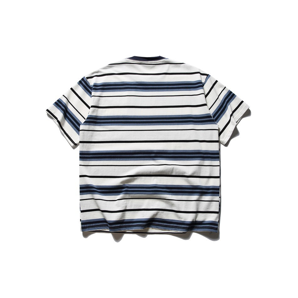 Back view of off-white short-sleeve T-shirt with black, navy and blue horizontal stripes and navy collar
