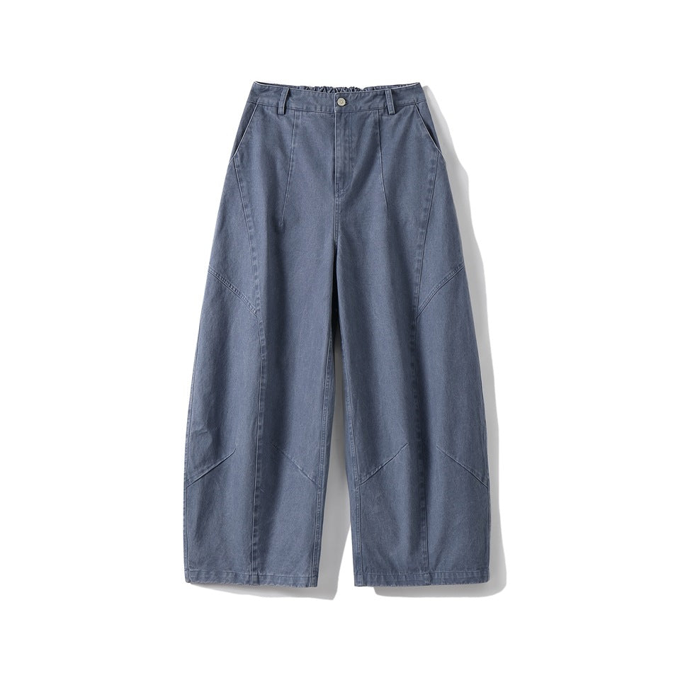 Gray-blue wide-leg barrel pants, flat front view with button fly, belt loops and curved seams