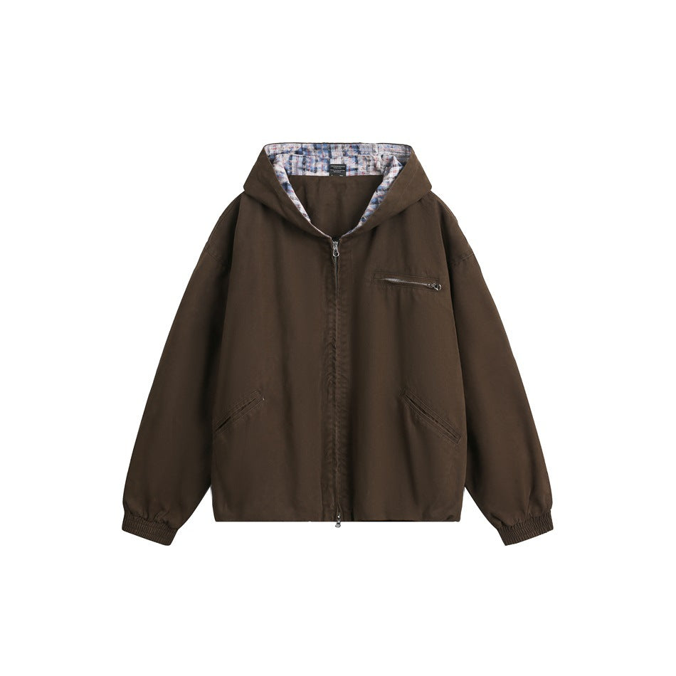 Coffee brown hooded zip jacket with patterned hood lining, chest zip pocket and elastic cuffs, front view