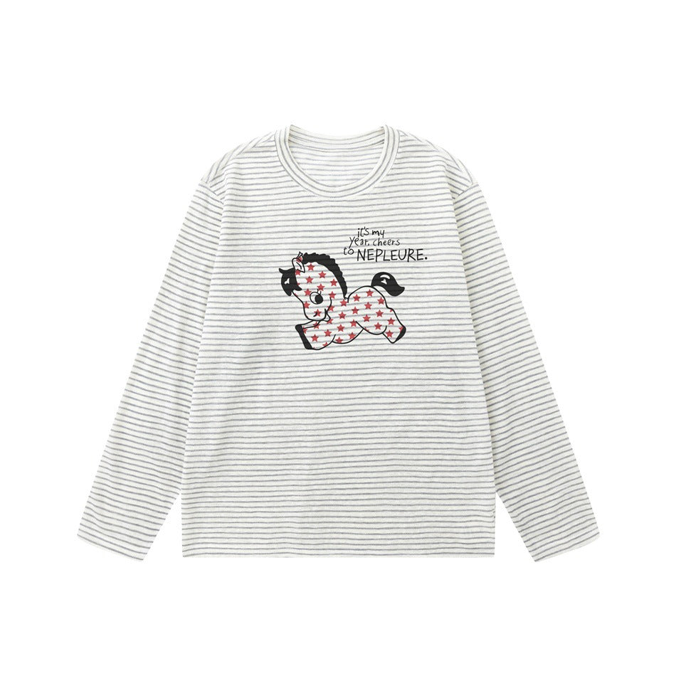 Gray and white striped long-sleeve crew neck top with a leaping star-patterned horse graphic on the front