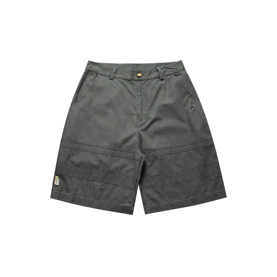 Gray knee-length cotton-look work shorts, front flat lay, with button closure, front pockets and stitched bands on the legs