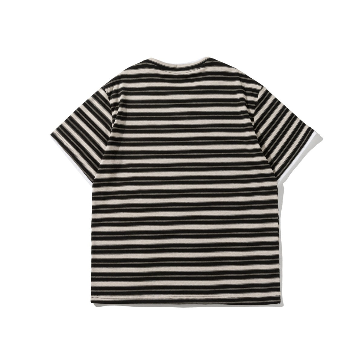 Back view of a short-sleeve T-shirt with horizontal black and beige stripes and a white neckline.