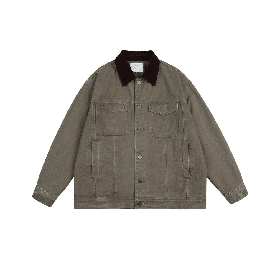 Green washed button-front work jacket with dark brown corduroy collar and chest and side pockets, flat lay