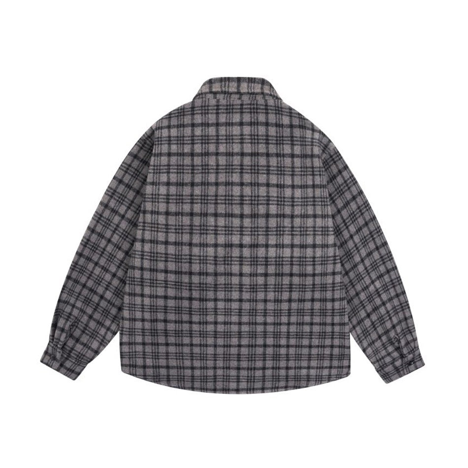 Back view of gray and black plaid long-sleeve shirt with collar and button cuffs, flat lay