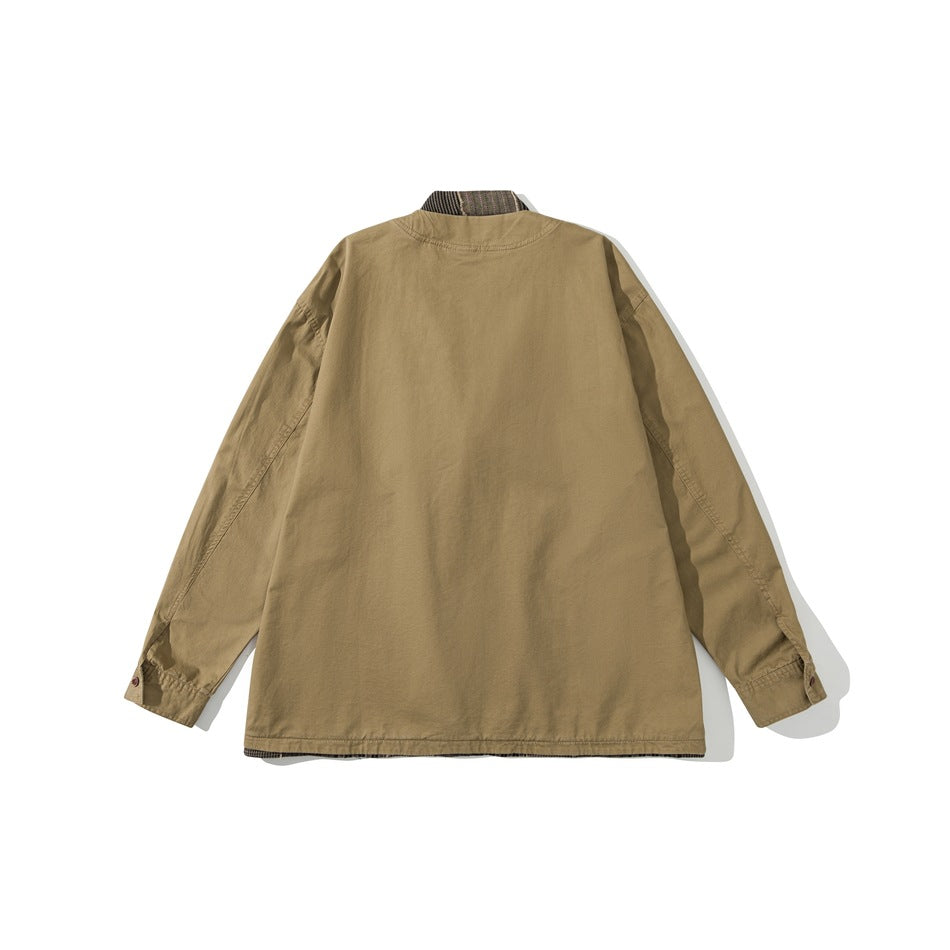 Khaki jacket, flat lay back view, with round neckline, plaid trim at the collar and hem, and buttoned cuffs