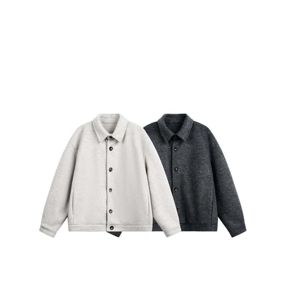 Two collared button-front jackets shown side by side in light beige-gray and charcoal.