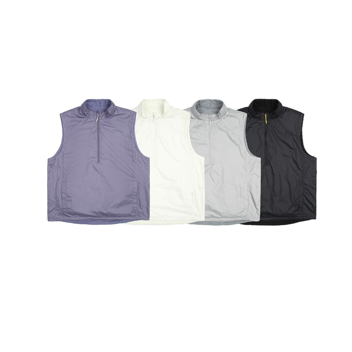 Four sleeveless zip-neck vests shown together in muted purple, cream, light gray, and black.