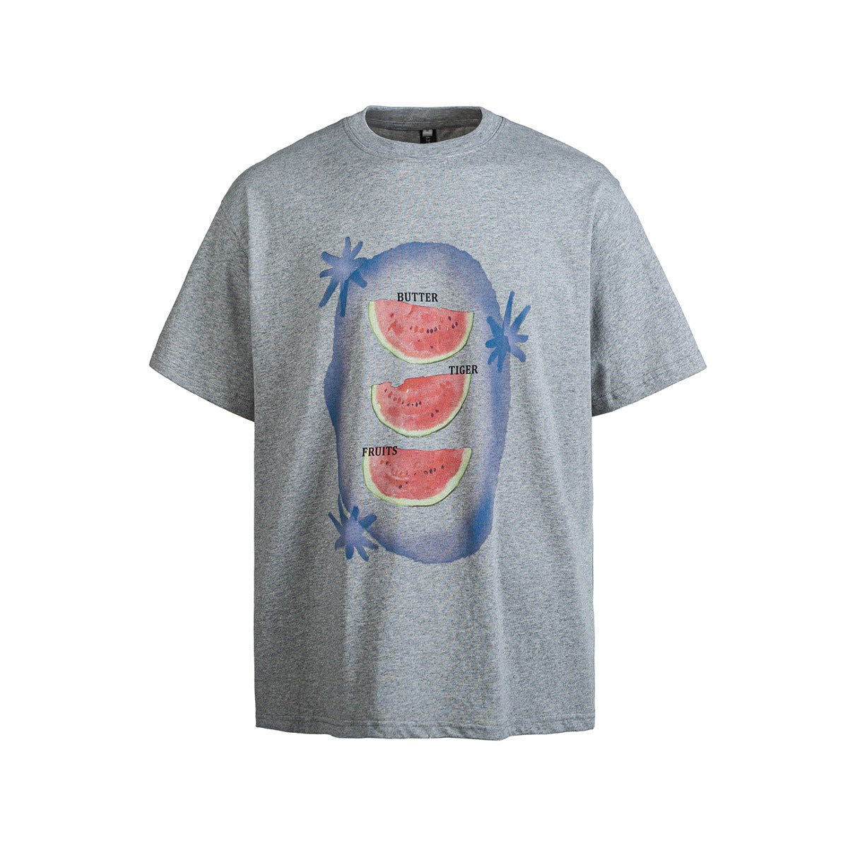 Heather gray short-sleeve crew-neck T-shirt with watercolor watermelon slices graphic on the front