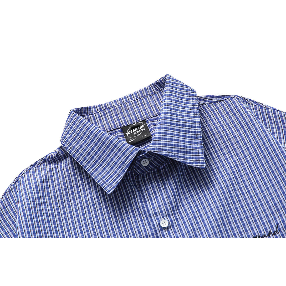 Close-up of a blue-and-white checked shirt collar, buttons, and sewn-in neck label.