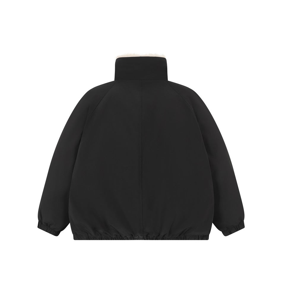 Back view of a black bomber jacket with raglan sleeves, a high collar, and elasticated cuffs and hem.