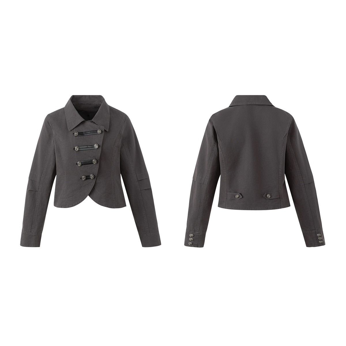 Charcoal cropped jacket shown from the front and back, with an asymmetric front, decorative loop fasteners and cuff details.