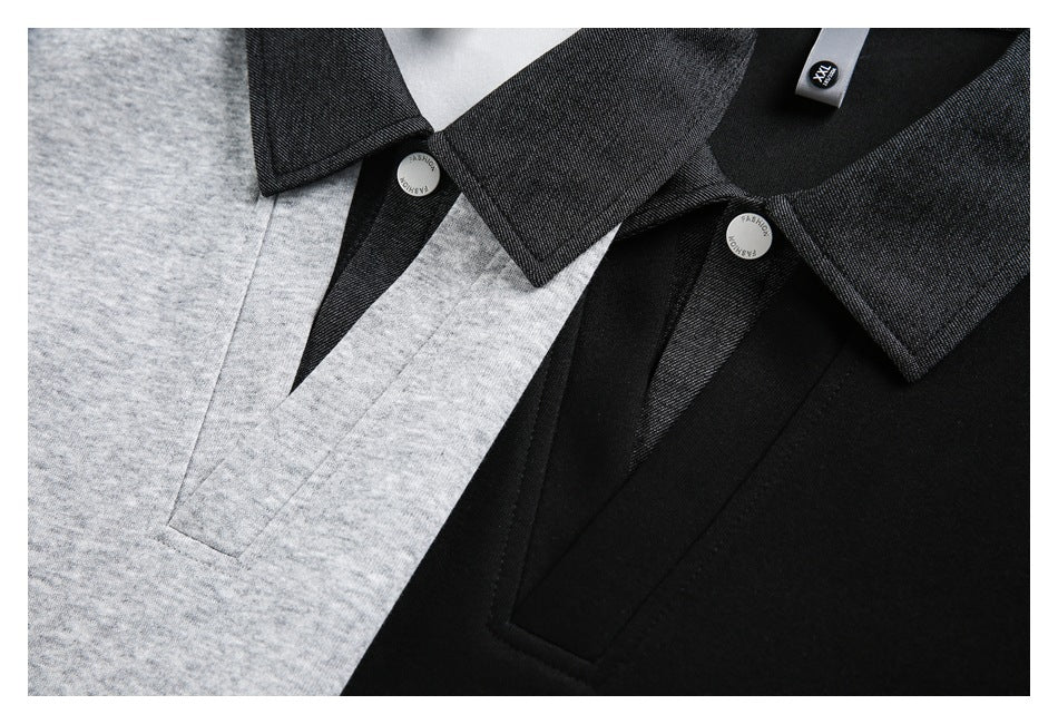 Close-up of gray and black polo shirts showing contrasting dark collars, plackets, and buttons.