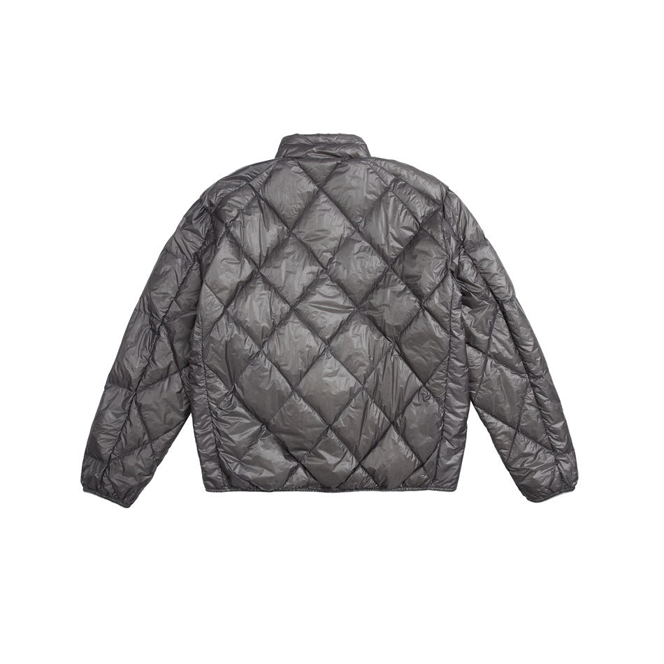 Back view of a charcoal-gray quilted jacket with diamond stitching and a stand collar.