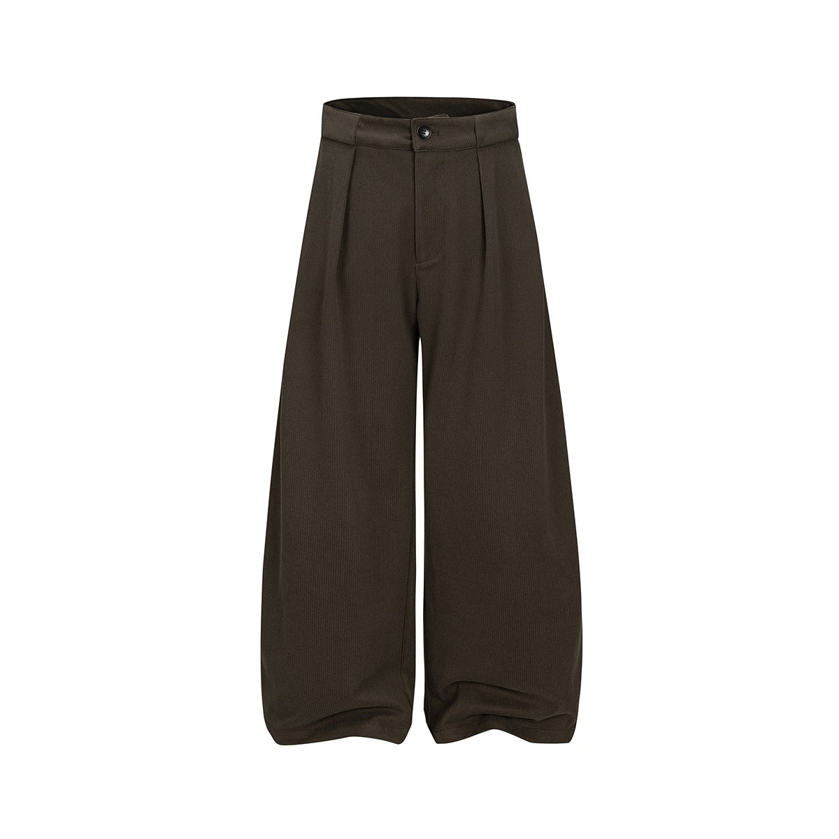 Brown wide-leg pleated trousers with button waistband, flat lay front view