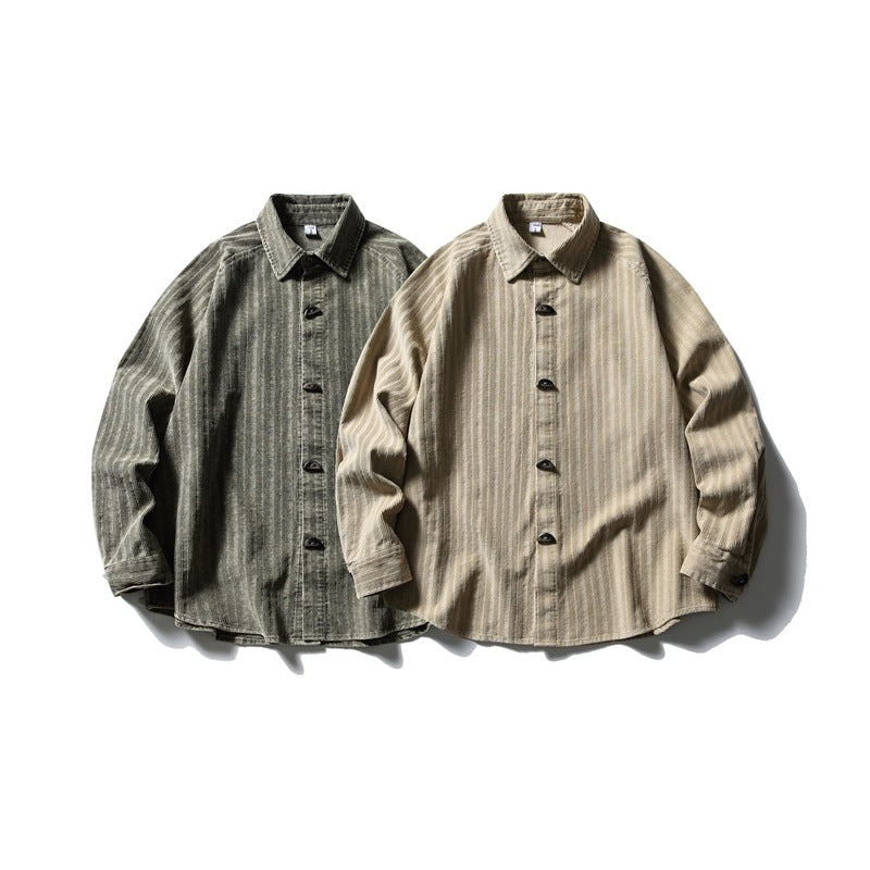 Two collared, long-sleeve striped button-up shirts shown from the front in charcoal gray and beige.
