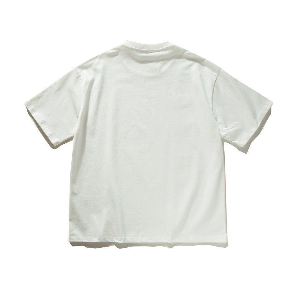 Back view of a plain white short-sleeve crew-neck T-shirt, flat lay