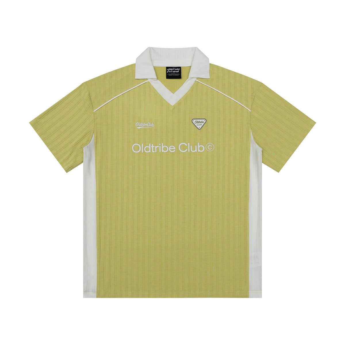 Green short-sleeve V-neck collared football-style top with white collar, side panels, piping and chest graphic