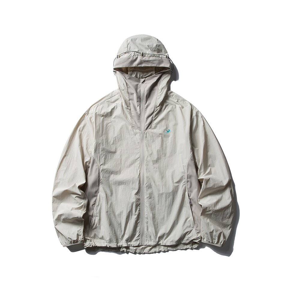 Ivory beige hooded full-zip jacket with tonal contrast panels and small teal chest emblem, front view