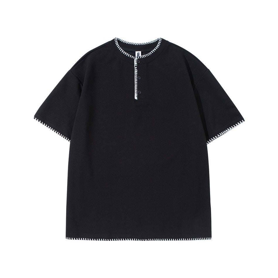 Black short-sleeve Henley tee with white whipstitch trim at neckline, placket, sleeves and hem, flat lay