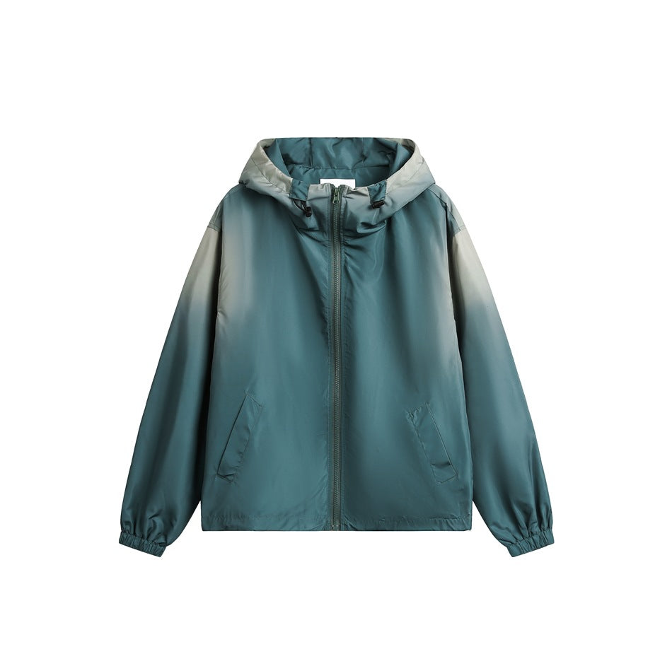 Green hooded zip jacket with gradient fade to light sage at hood and shoulders, flat front view