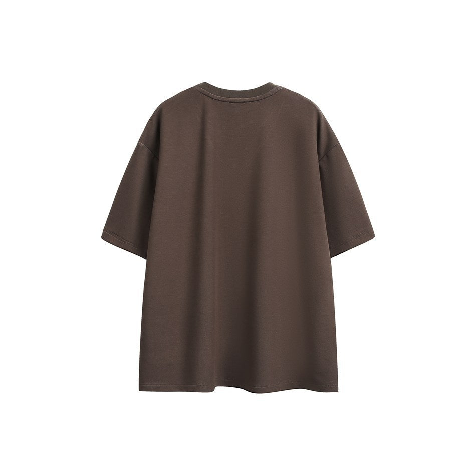 Back view of a plain brown short-sleeve T-shirt with ribbed crew neckline and dropped shoulders