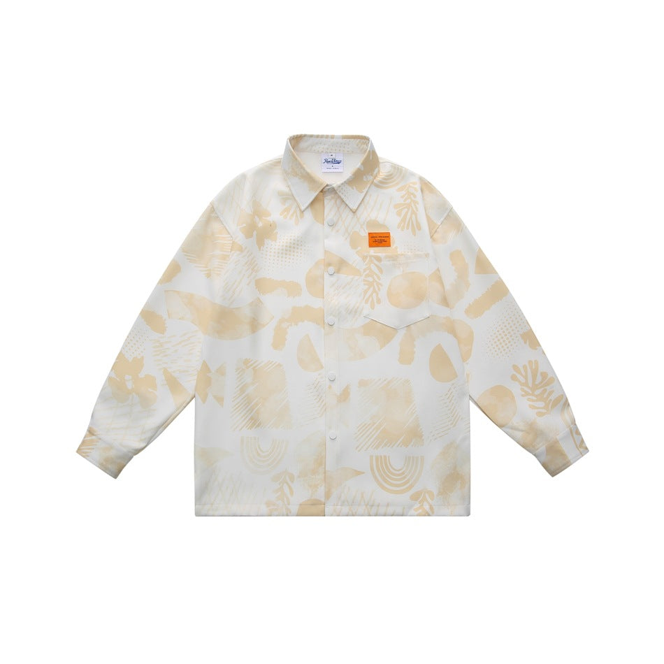 Cream and white abstract print long-sleeve button-front shirt with chest pocket and orange label, flat view