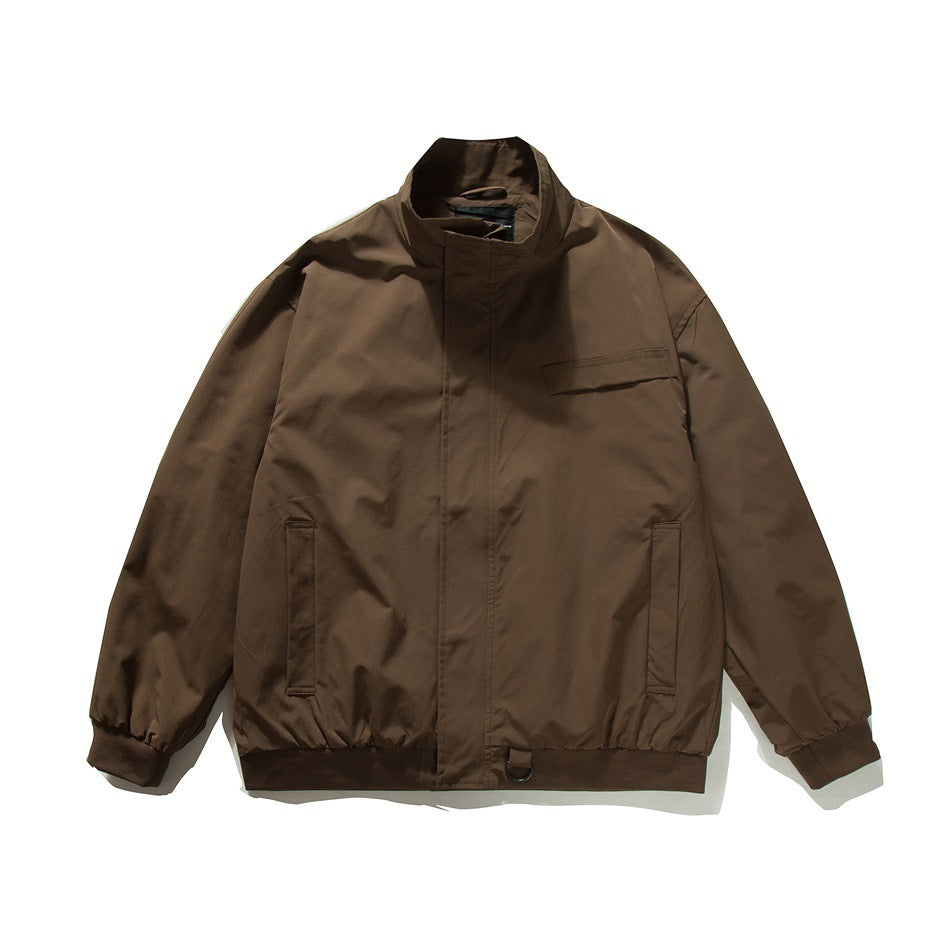 Coffee brown stand-collar jacket flat lay, front view with chest flap pocket, slip pockets and ribbed hem