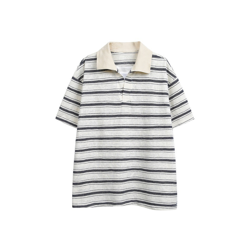 Beige striped short-sleeve polo-style top with navy stripes and a beige collar, flat front view