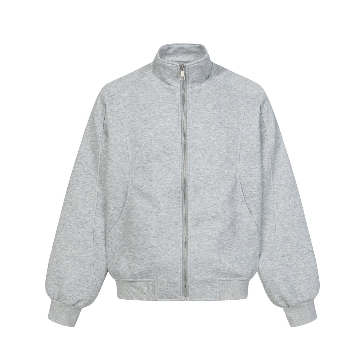 Heather gray stand-collar full-zip jacket with ribbed cuffs and hem, laid flat from the front