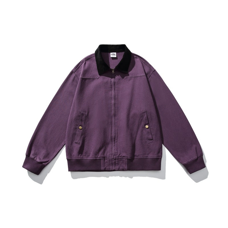 Front view of a purple zip jacket with a black collar, ribbed cuffs and hem, and snap-tab pockets.