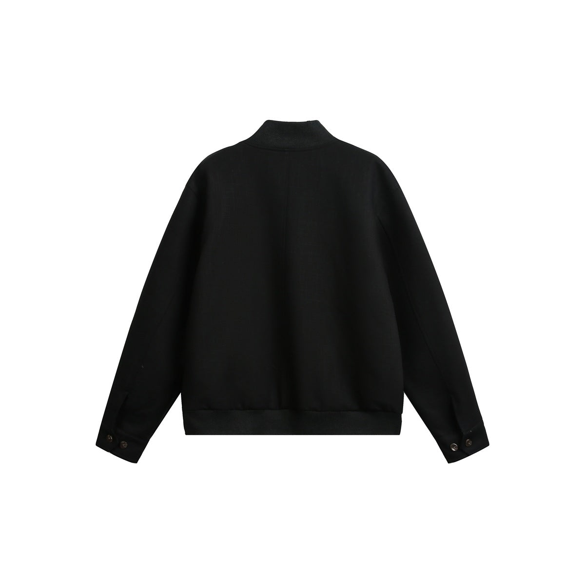 Back view of a black stand-collar jacket with long sleeves, buttoned cuffs, and a ribbed hem.