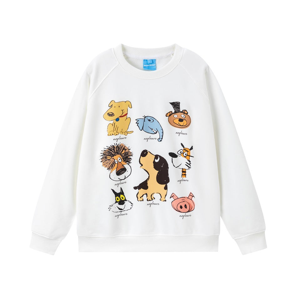 White crew-neck sweatshirt front with colorful cartoon animal print on the chest