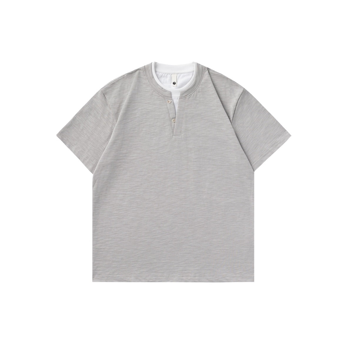 Glacier gray short-sleeve T-shirt with white layered neckline and two-button placket, flat lay