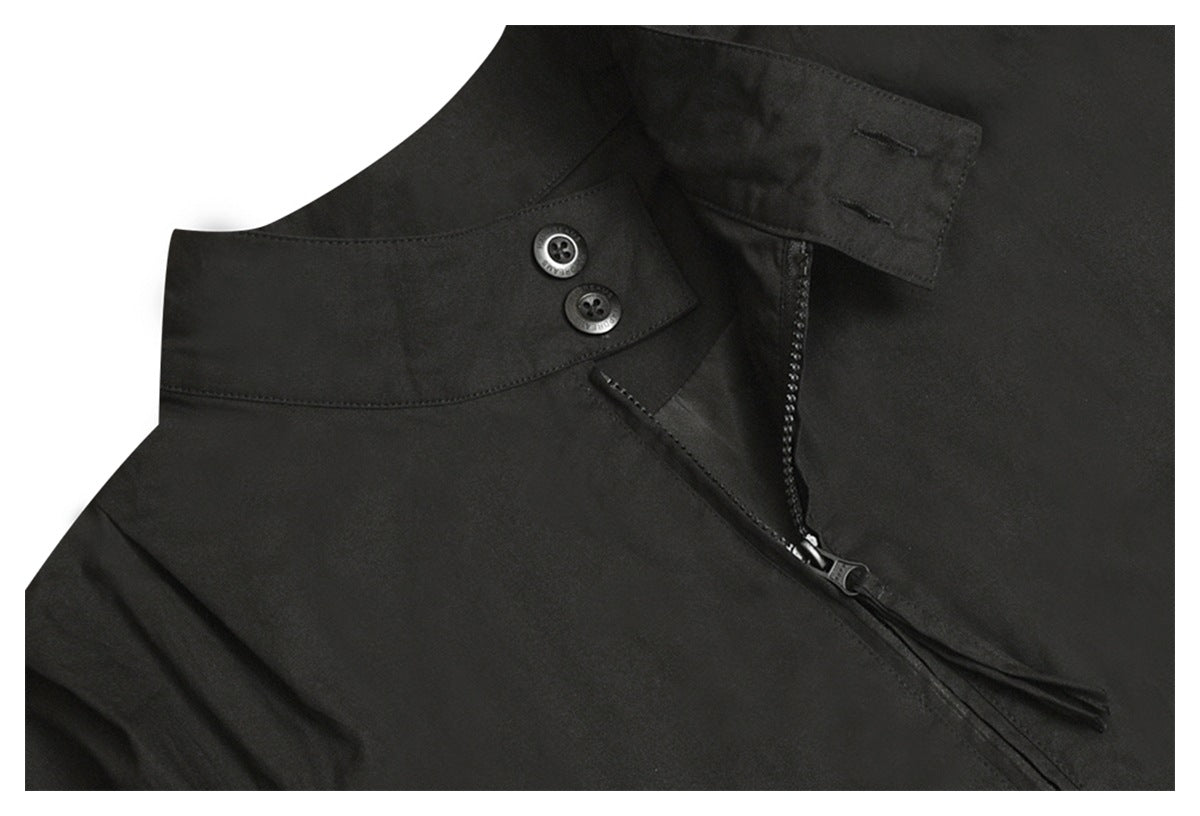 Close-up of a black garment collar with two buttons and an angled zipper.