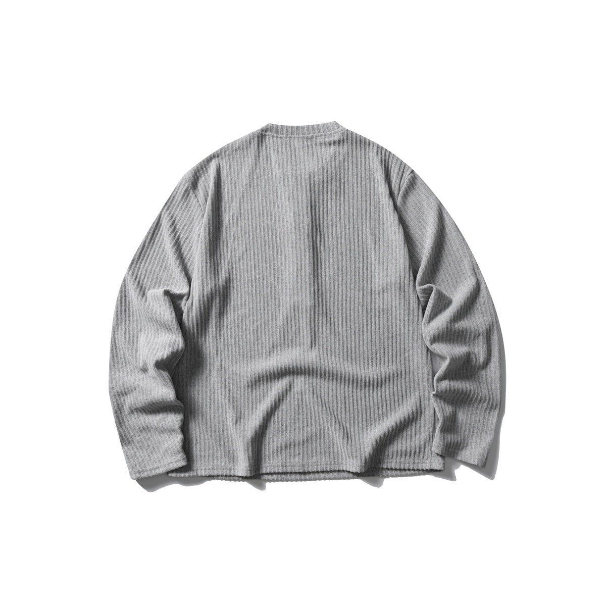 Back view of heather gray ribbed-knit long-sleeve top, flat lay
