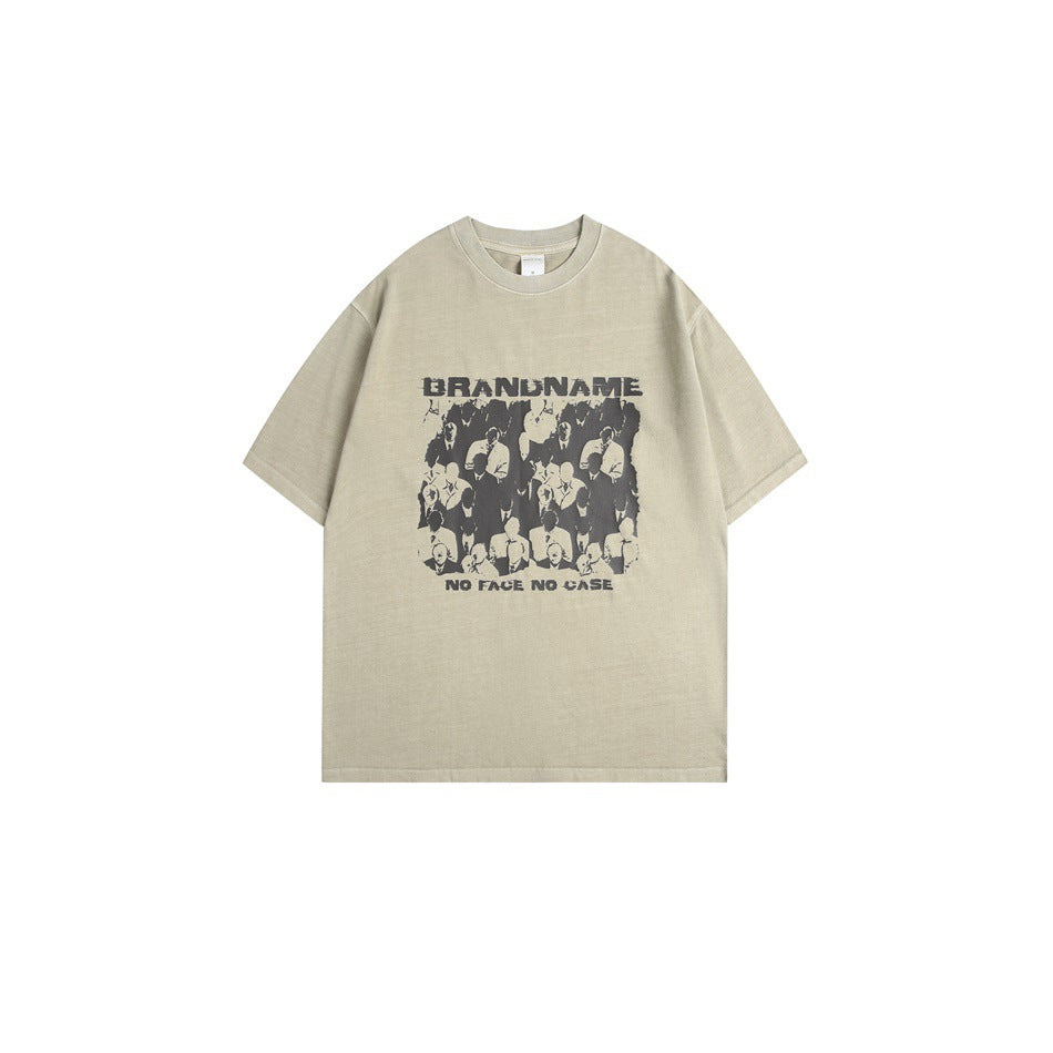 Khaki washed short-sleeve crew-neck t-shirt with a faceless-crowd graphic and BRANDNAME text, front view