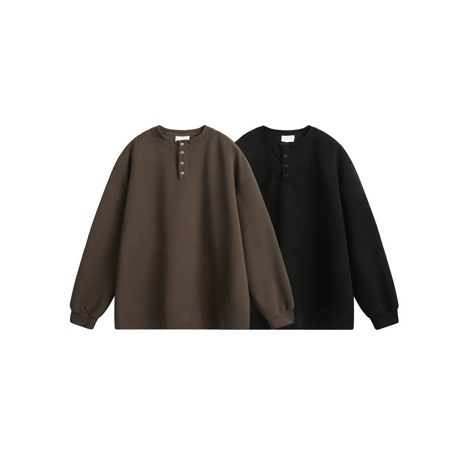 Two long-sleeve henley tops shown side by side in brown and black.