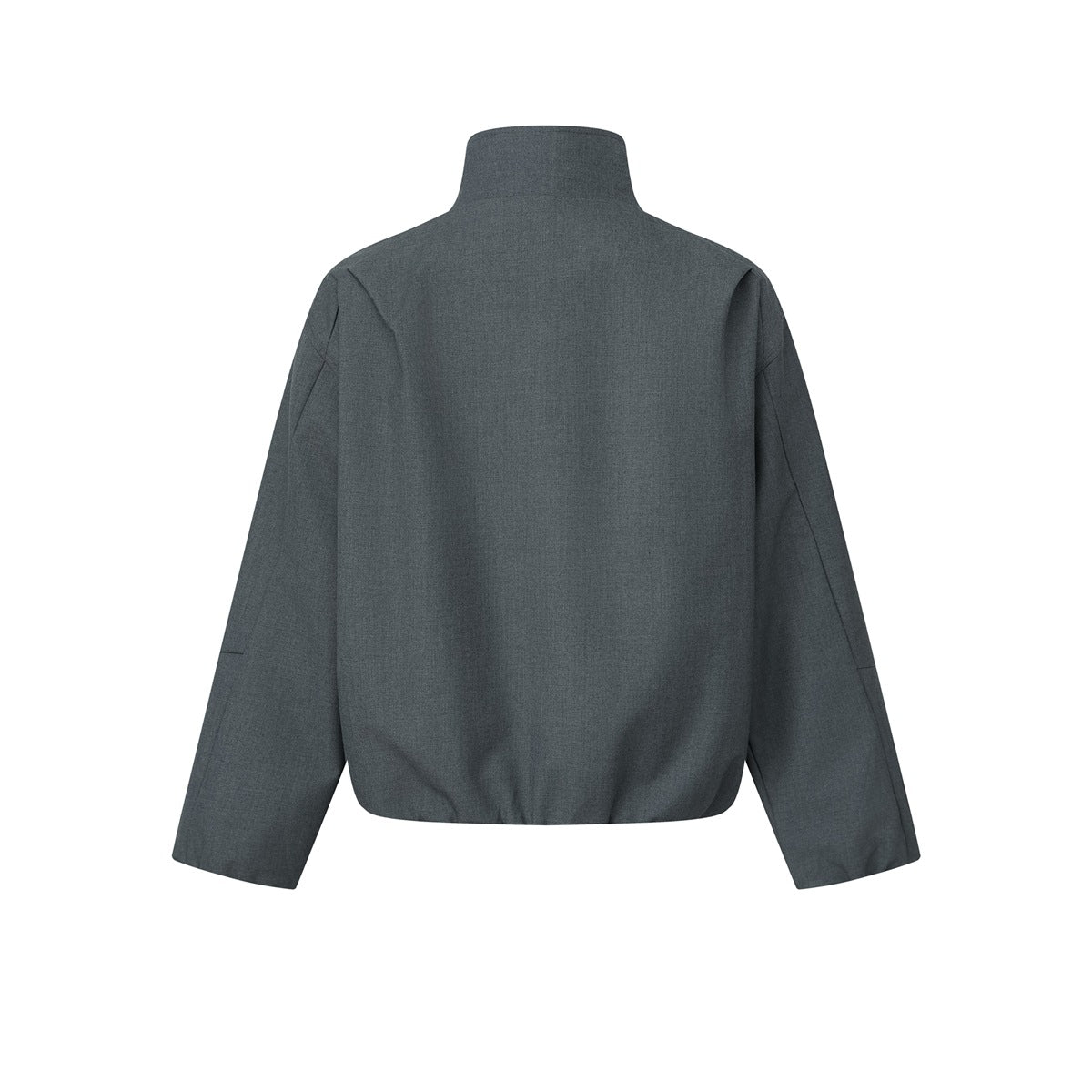 Back view of a charcoal gray jacket with a stand collar, long sleeves, and a gathered hem.