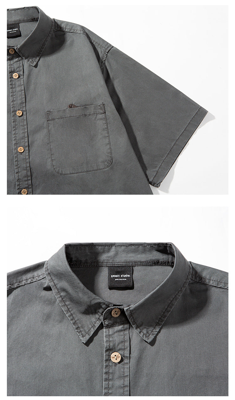 Close-up views of a charcoal gray shirt's short sleeve, chest pocket, collar, and wooden buttons.