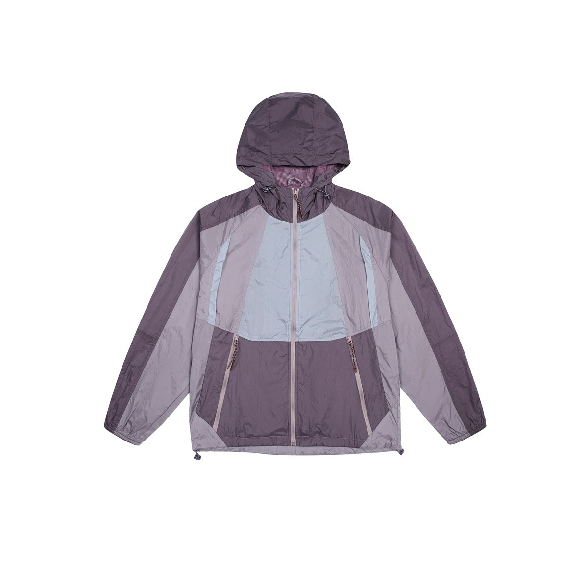 Purple and lilac hooded zip jacket with light blue chest panel and zip pockets, flat front view