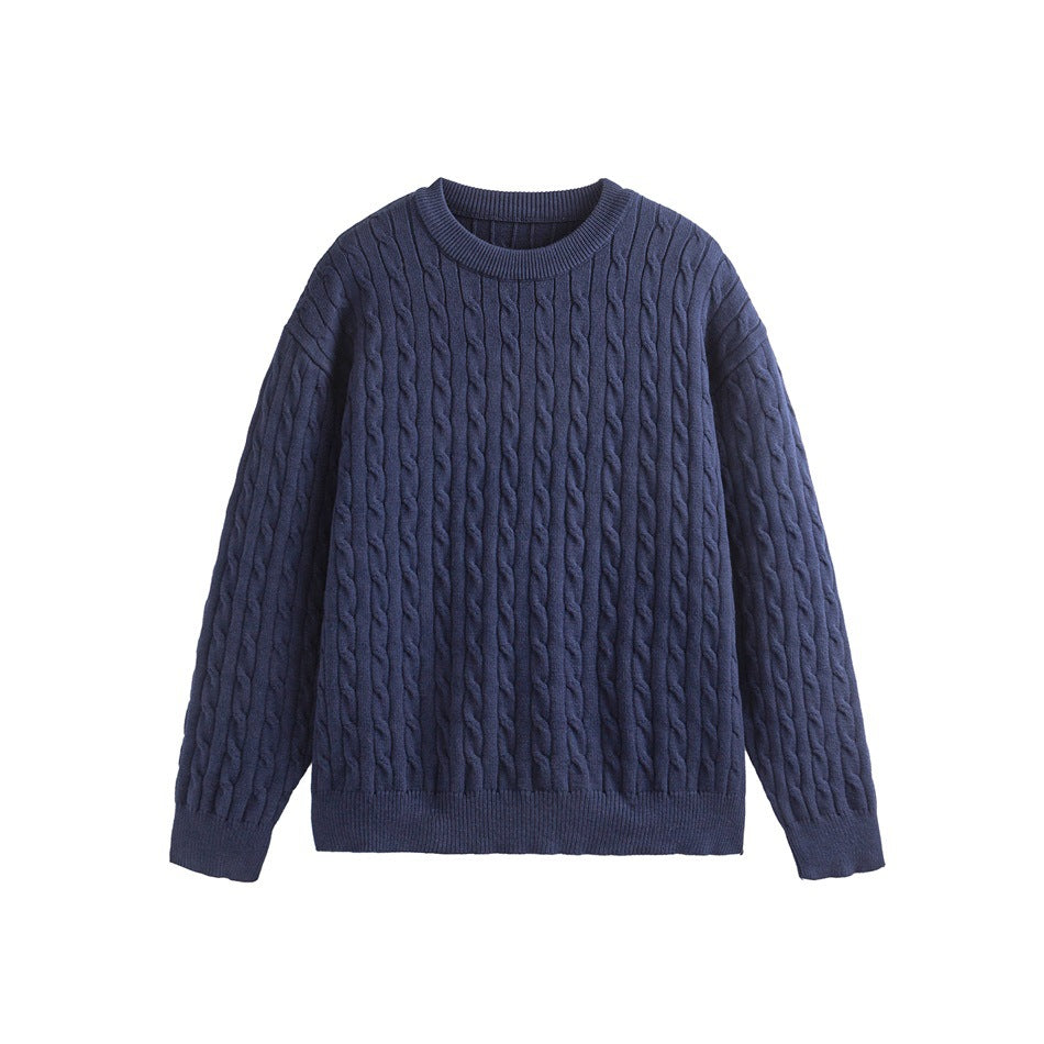 Navy blue cable-knit crew-neck sweater with long sleeves and ribbed trim, flat lay front view